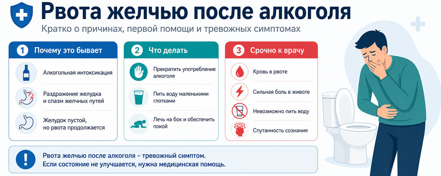 Инфографика о причинах рвоты желчью после алкоголя и первой помощи